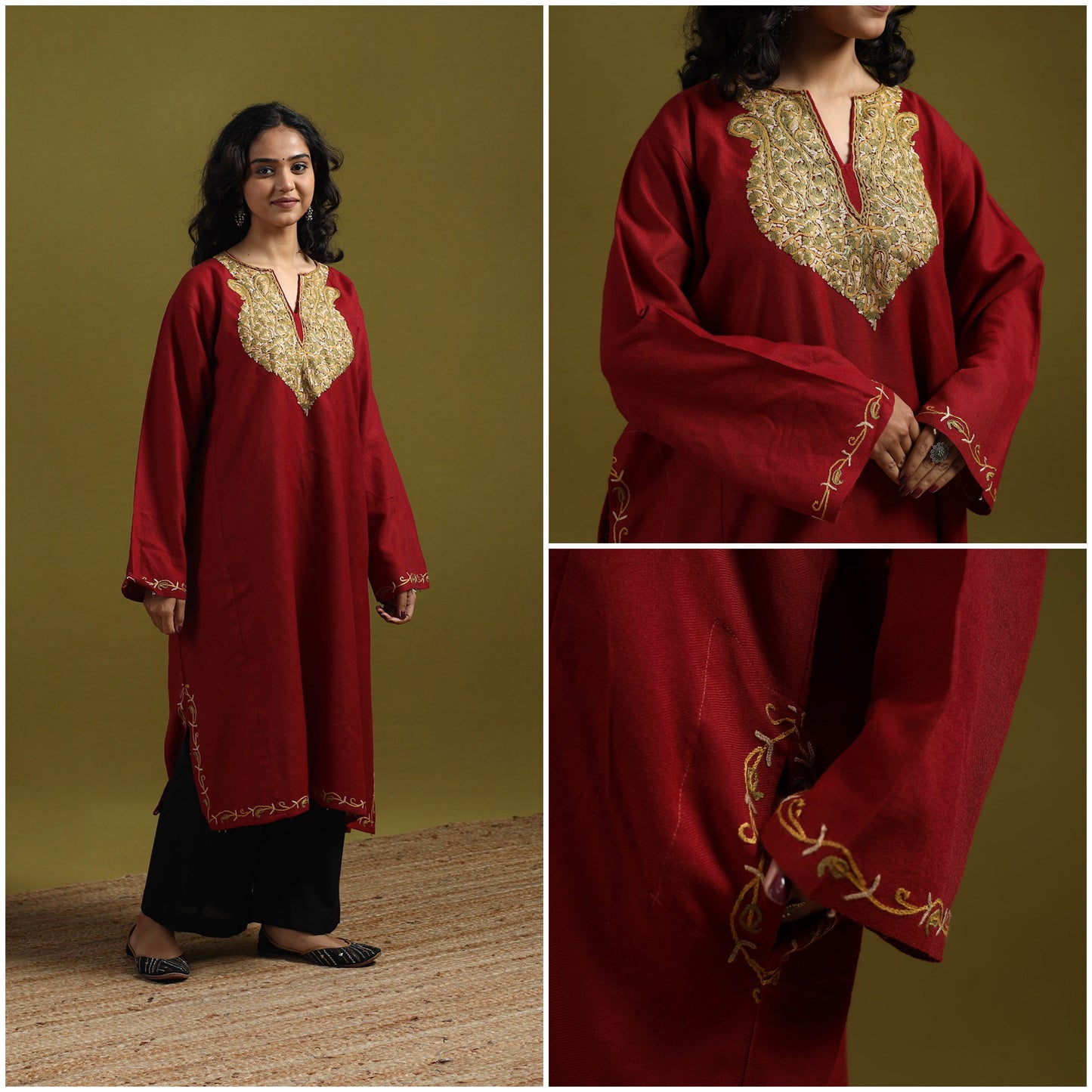 Handwoven aari hand embroidered kashmiri merino wool pheran