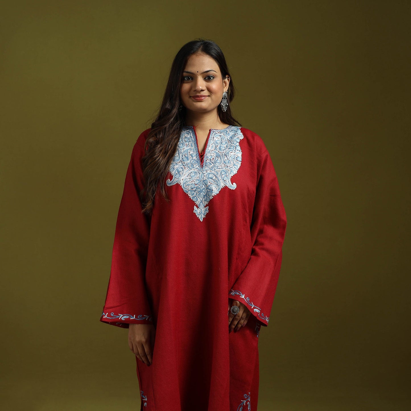 Red - handwoven aari hand embroidered kashmiri merino wool