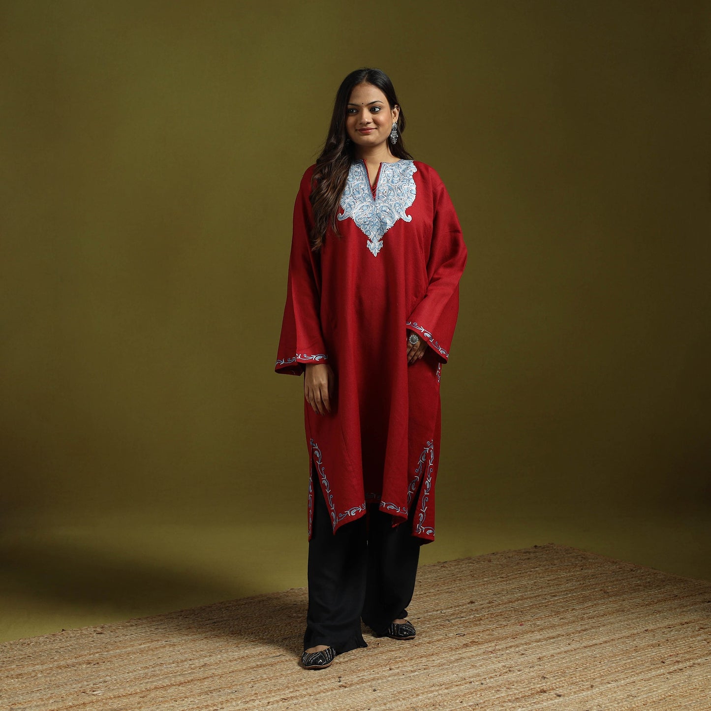 Red - handwoven aari hand embroidered kashmiri merino wool