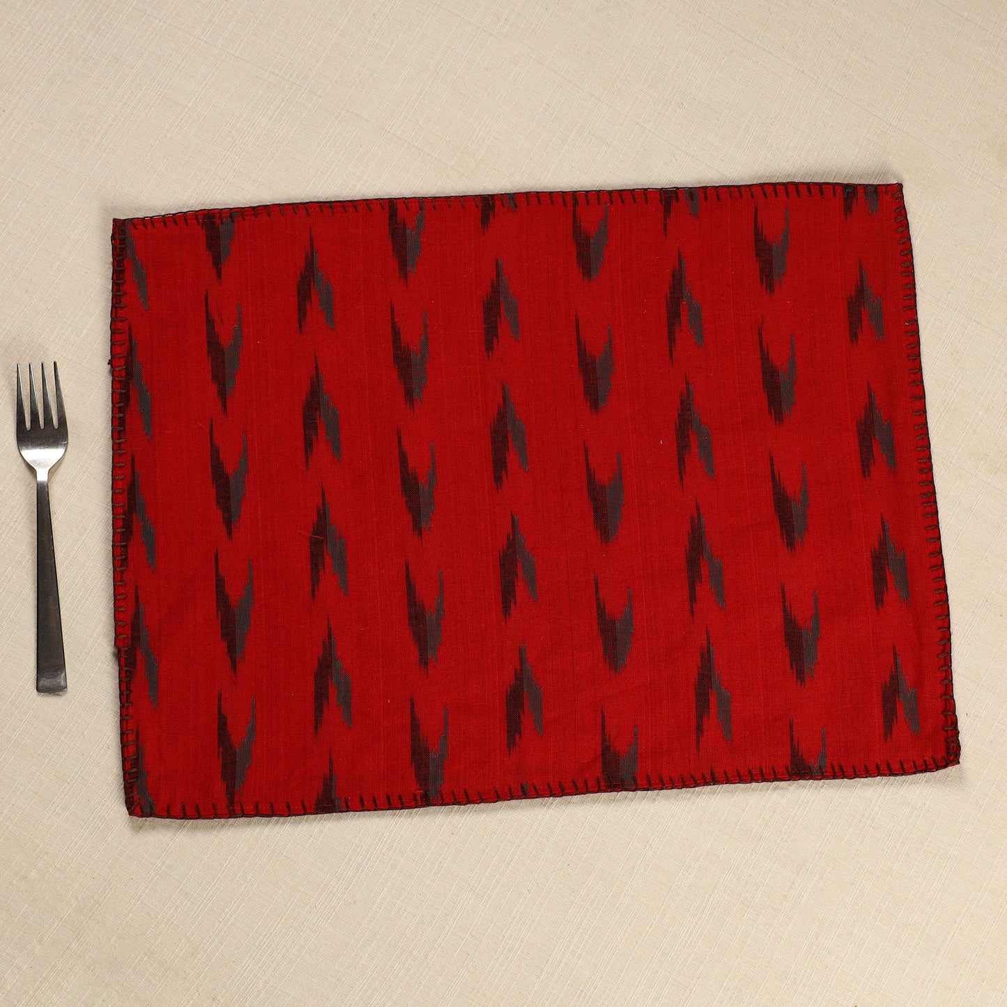 Red Ikat Cotton Hand Embroidery Table Mat (18 x 13 in) 04