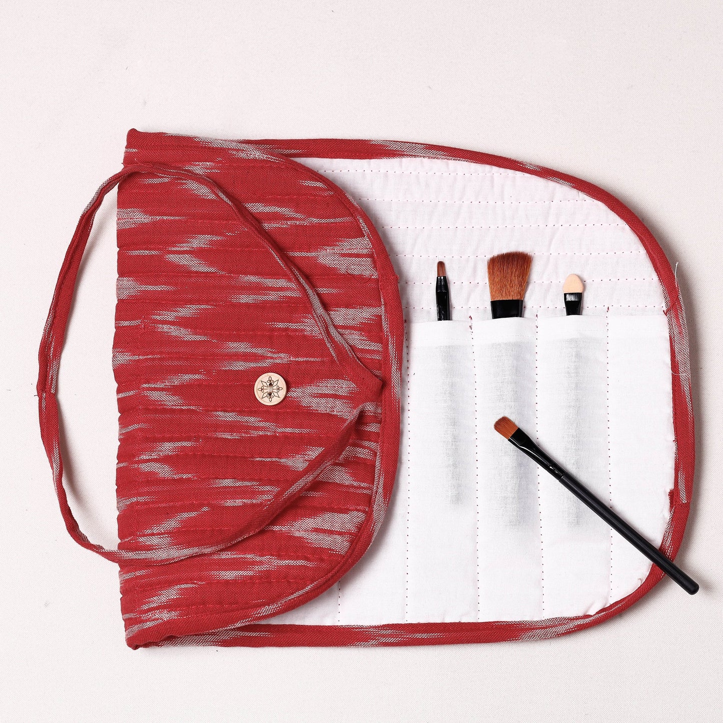 Ikat Fabric Multipurpose Segmented Make-up Brush Wrap Pouch/Case