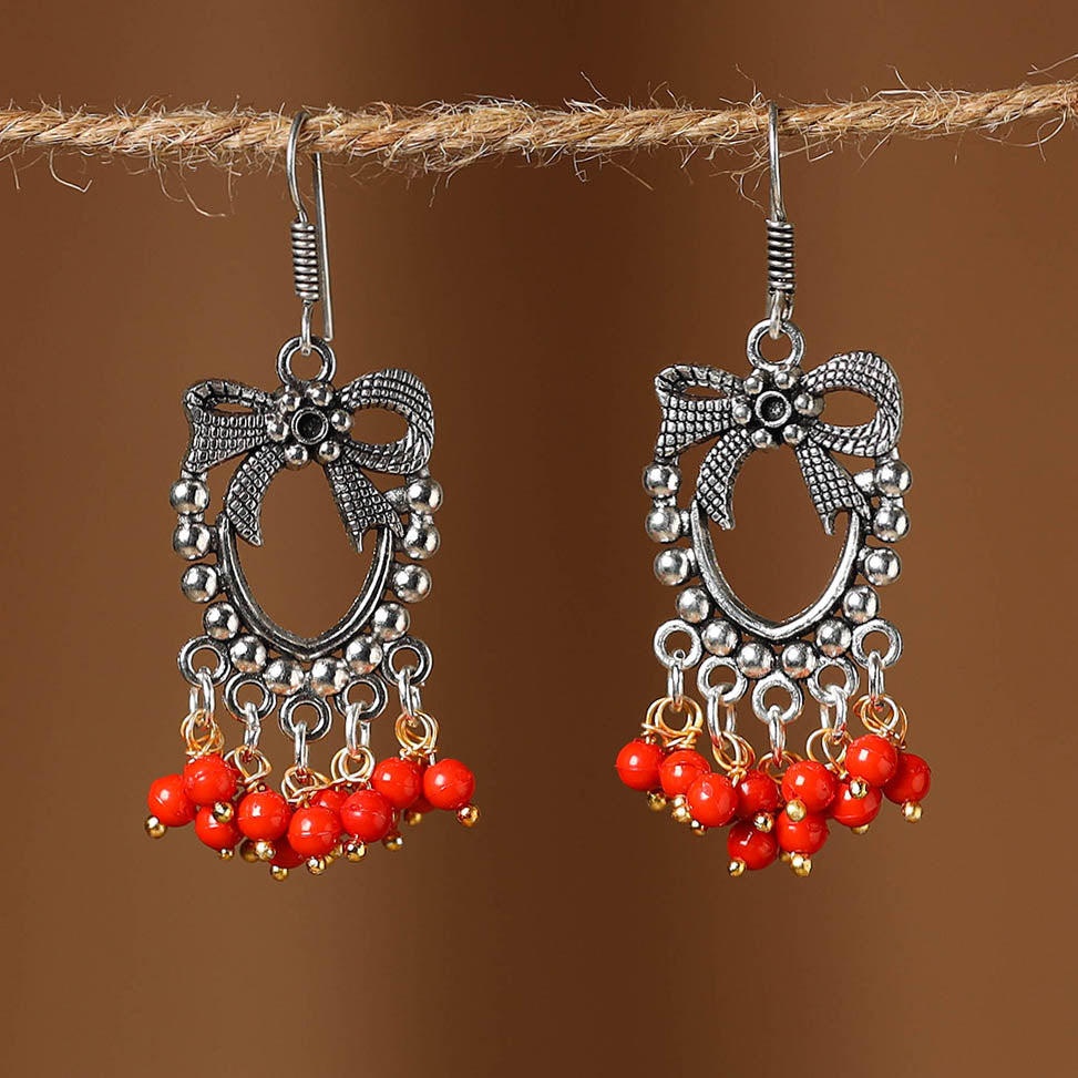 Red - inaya german silver beaded earrings - handcrafted