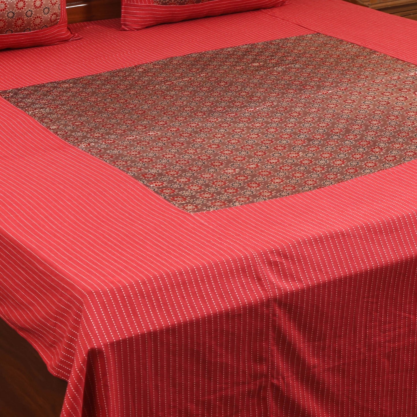 Red Jacquard with Ajrakh Modal Silk Patch Cotton Bedsheet Setred