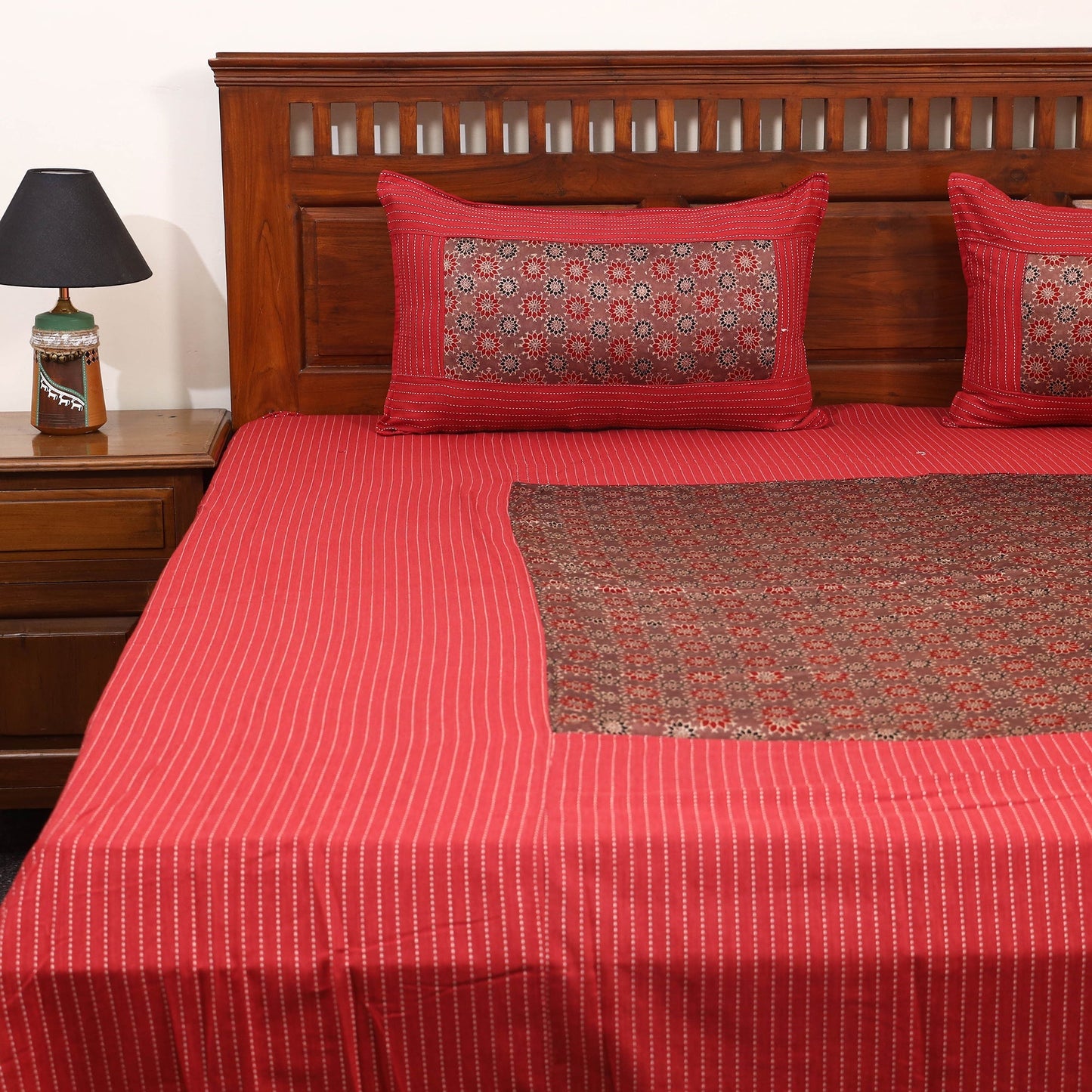 Red Jacquard with Ajrakh Modal Silk Patch Cotton Bedsheet Setred
