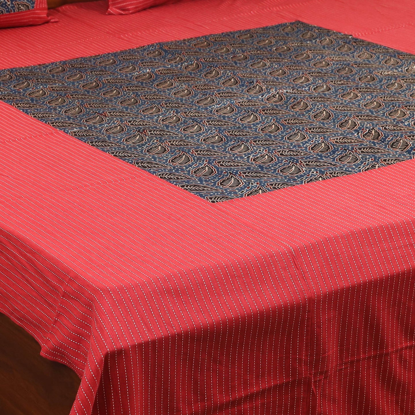 Red Jacquard with Ajrakh Modal Silk Patch Cotton Bedsheet Set