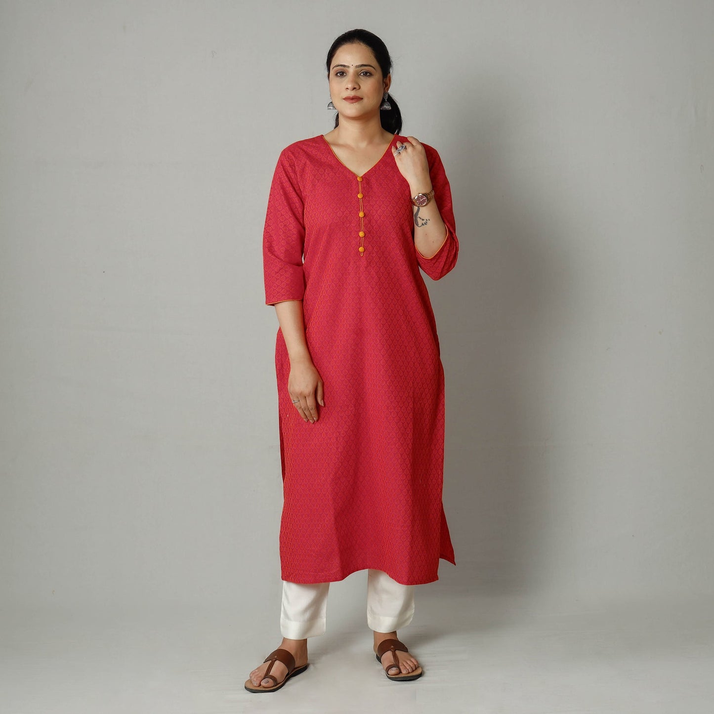 Jacquard Cotton Long Kurta for Women