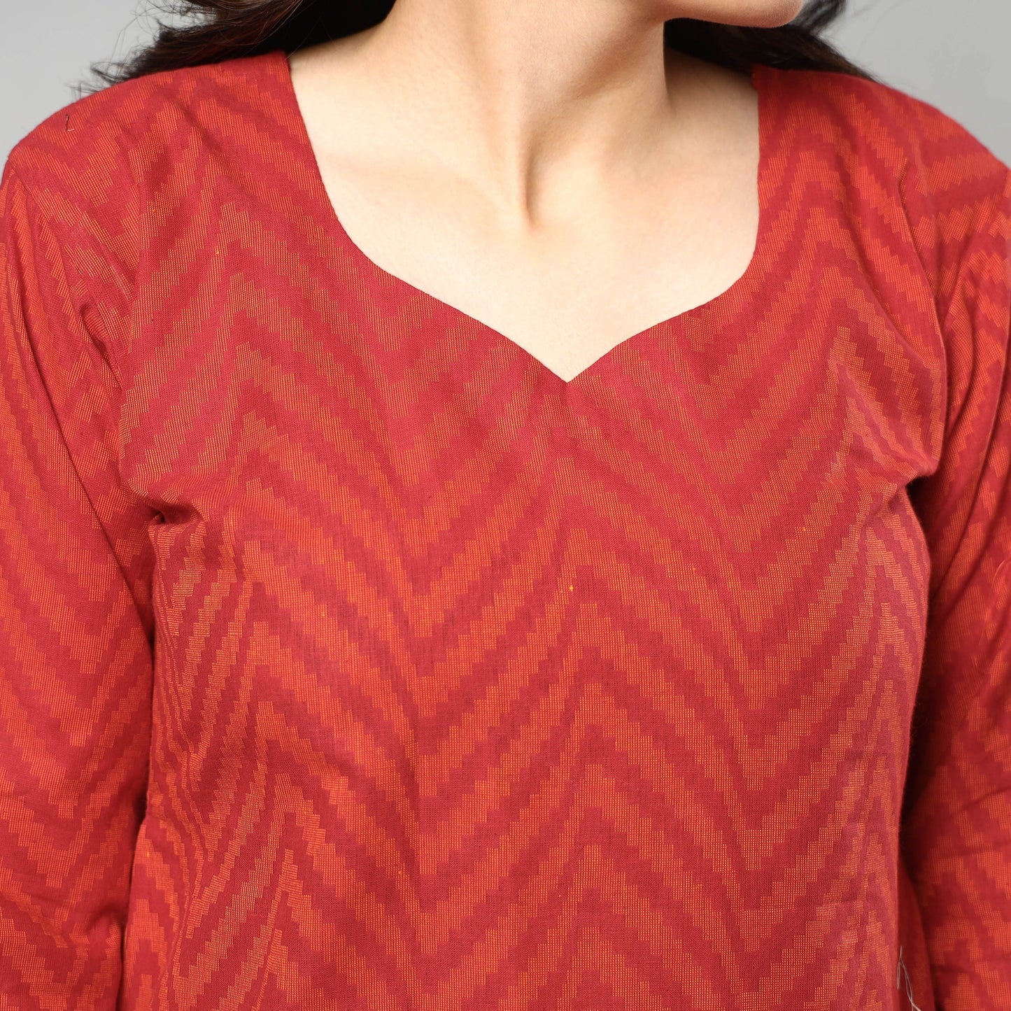 Red - jacquard cotton long kurta - handcrafted