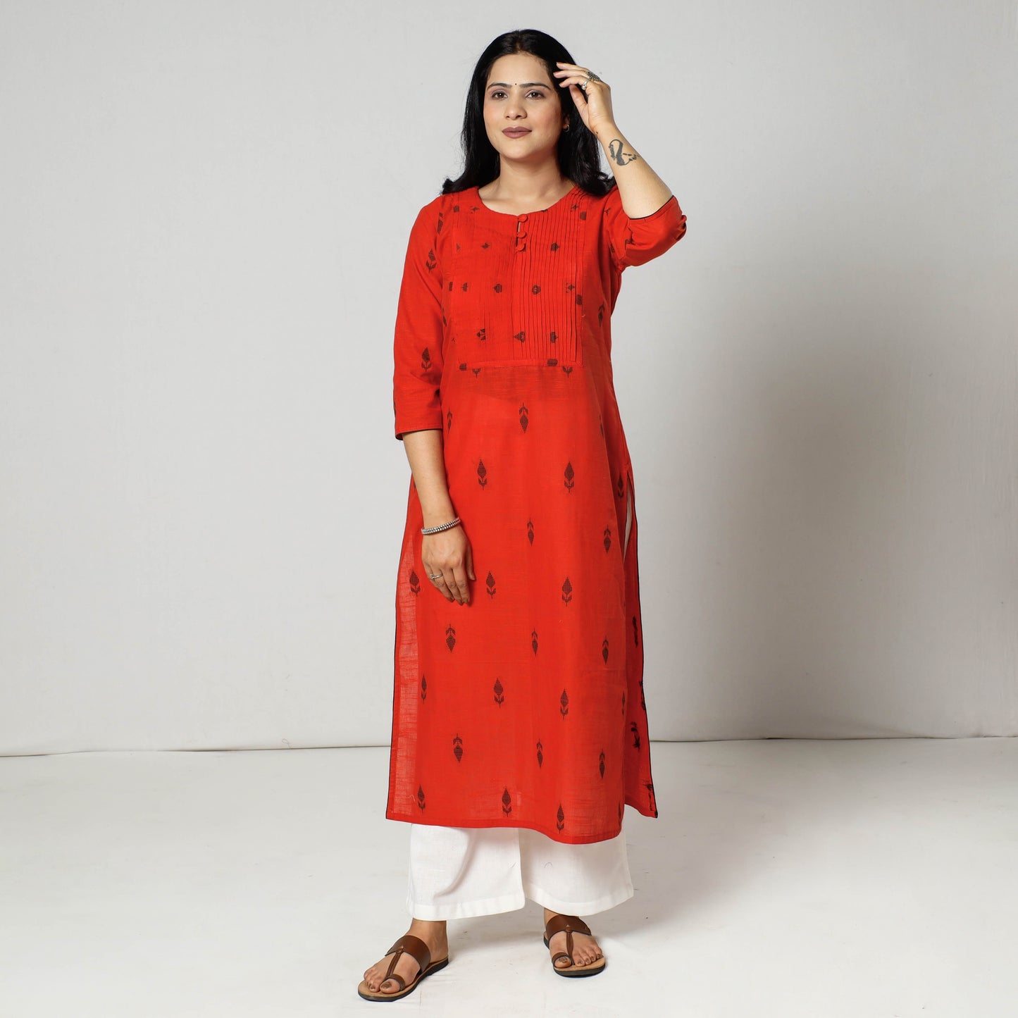 Jacquard Cotton Pintuck Long Kurta for Women
