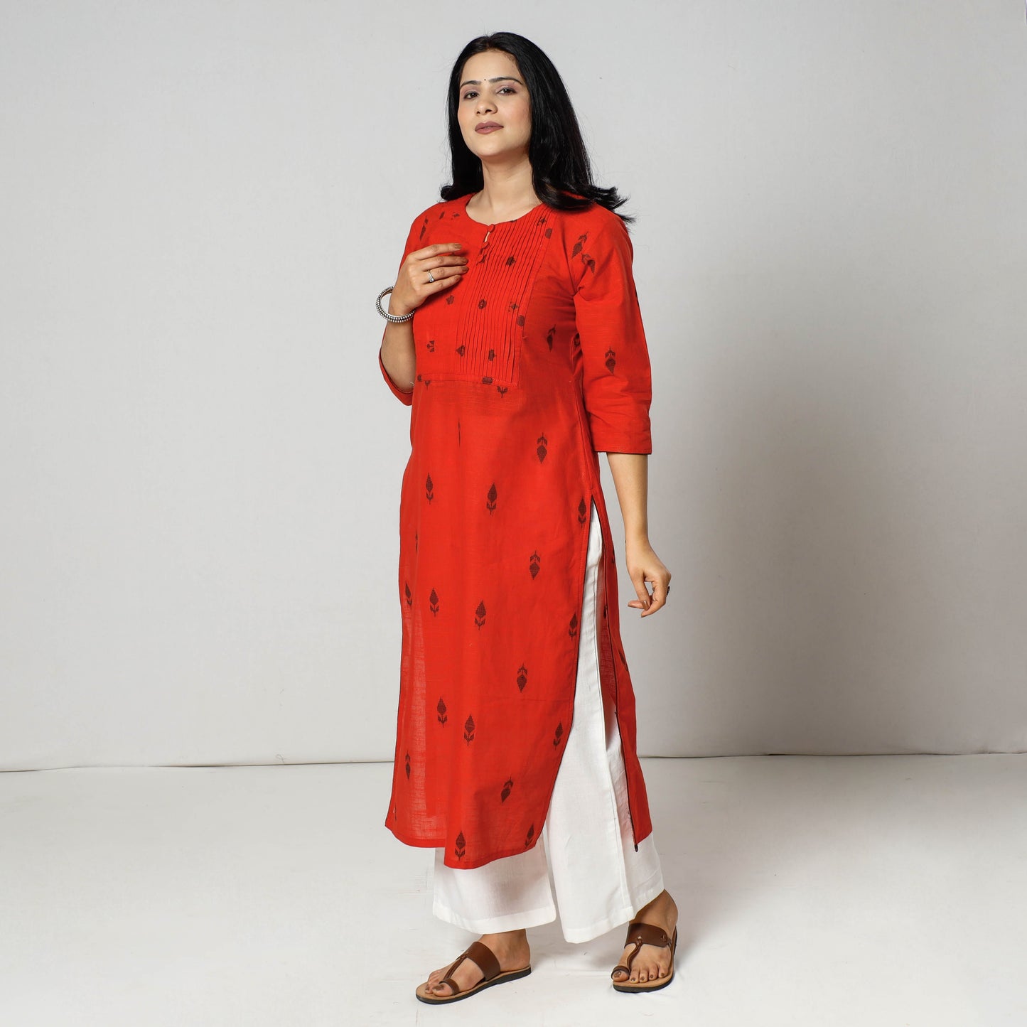 Jacquard Cotton Pintuck Long Kurta for Women