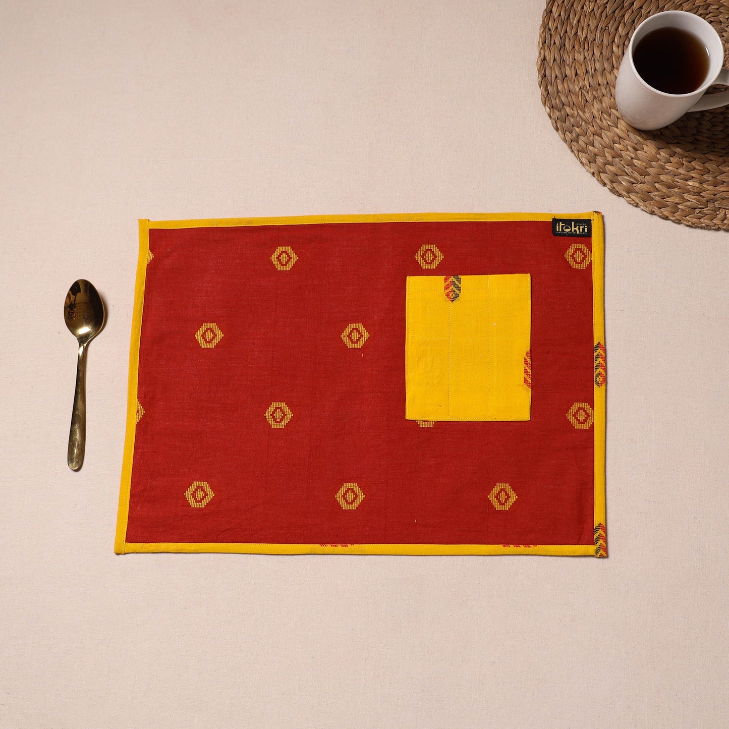 Red Jacquard Cotton Table Mat With Pocket