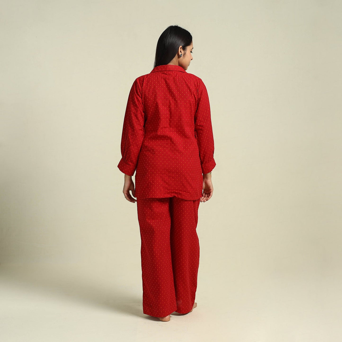 Red Jacquard Cotton Top & Pyjama Night Suit Set
