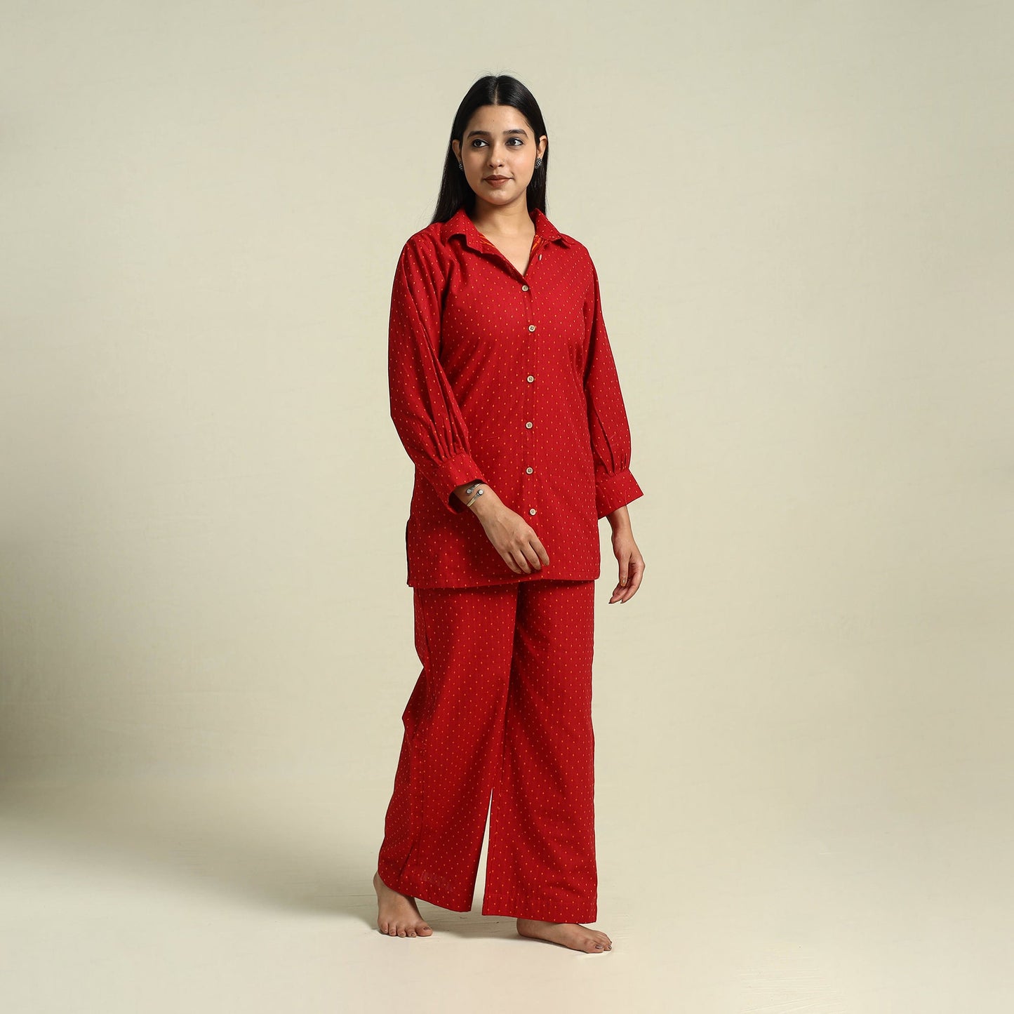 Red Jacquard Cotton Top & Pyjama Night Suit Set