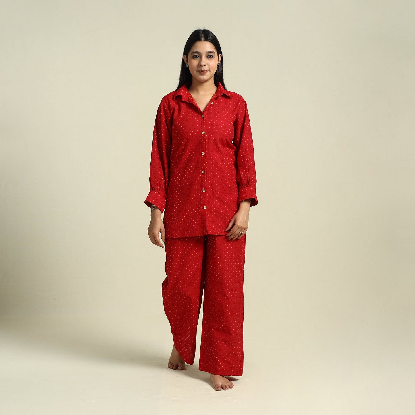 Red Jacquard Cotton Top & Pyjama Night Suit Set