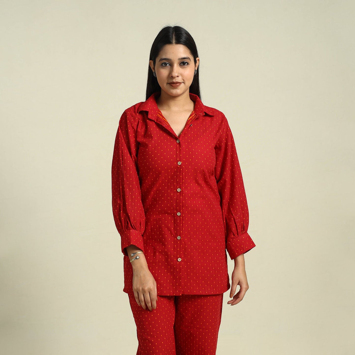 Red Jacquard Cotton Top & Pyjama Night Suit Set