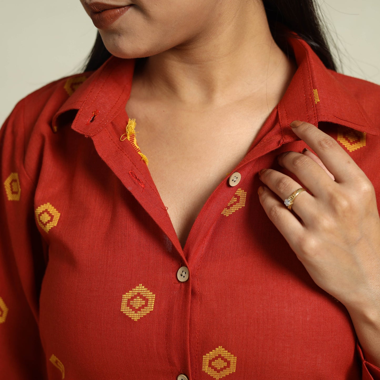 Red Jacquard Cotton Top & Pyjama Night Suit Set