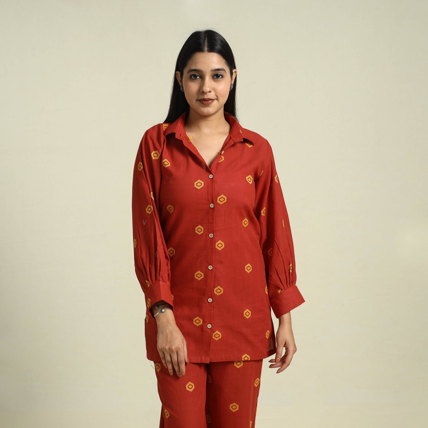 Red Jacquard Cotton Top & Pyjama Night Suit Set