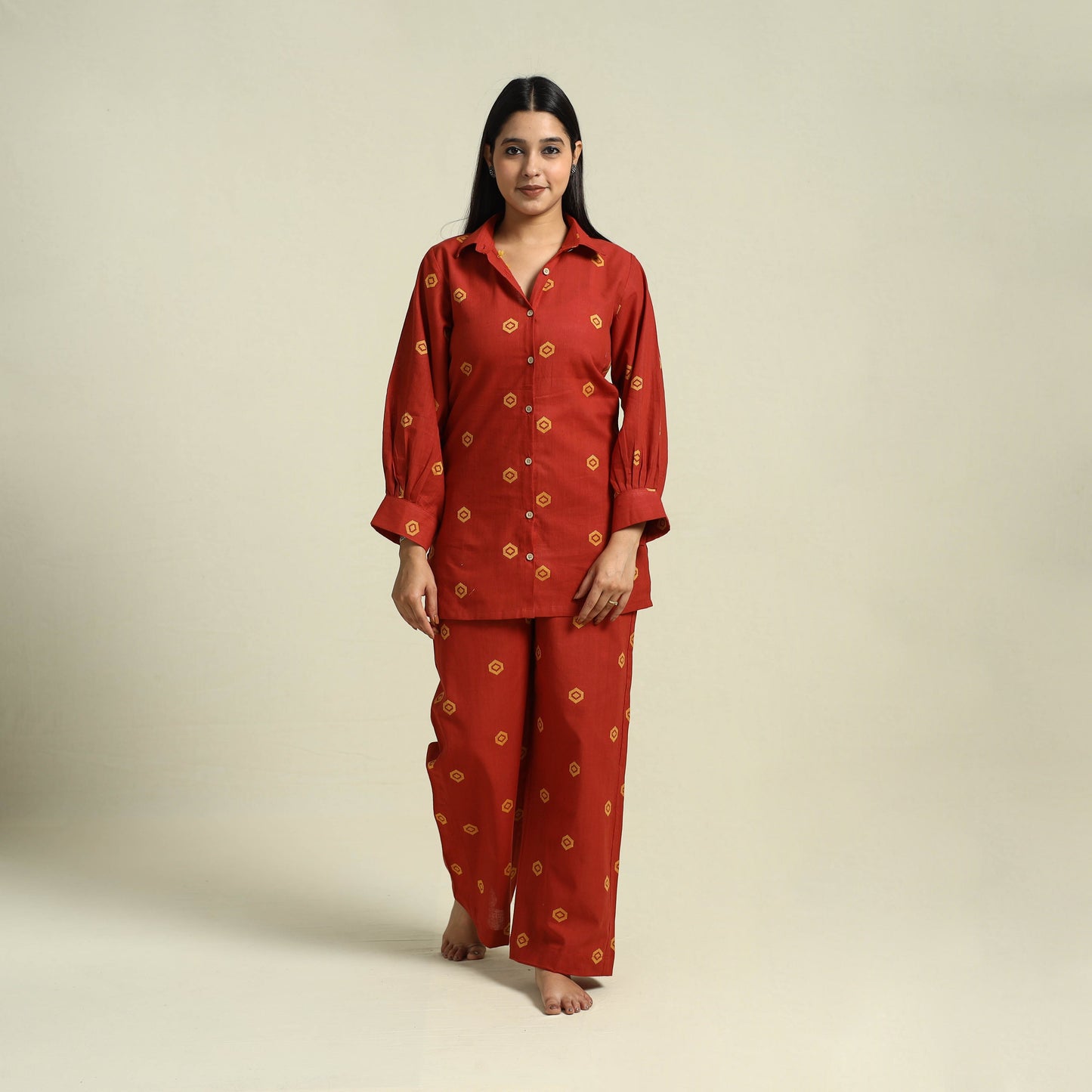 Red Jacquard Cotton Top & Pyjama Night Suit Set