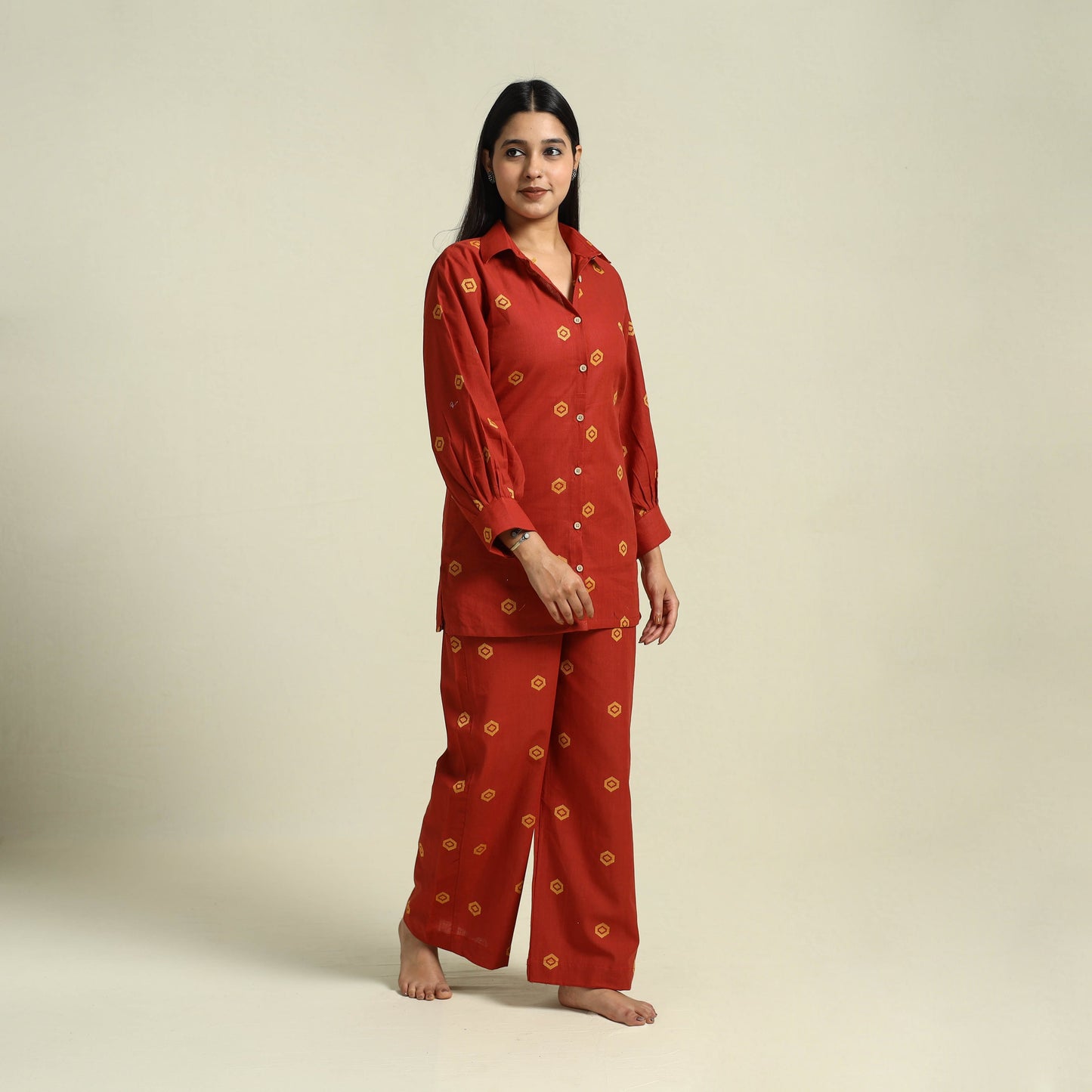 Red Jacquard Cotton Top & Pyjama Night Suit Set