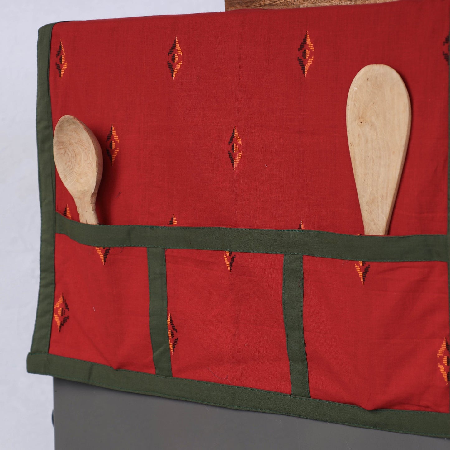 Red - Jacquard Weave Cotton Fridge Top Cover with Multiple Pockets