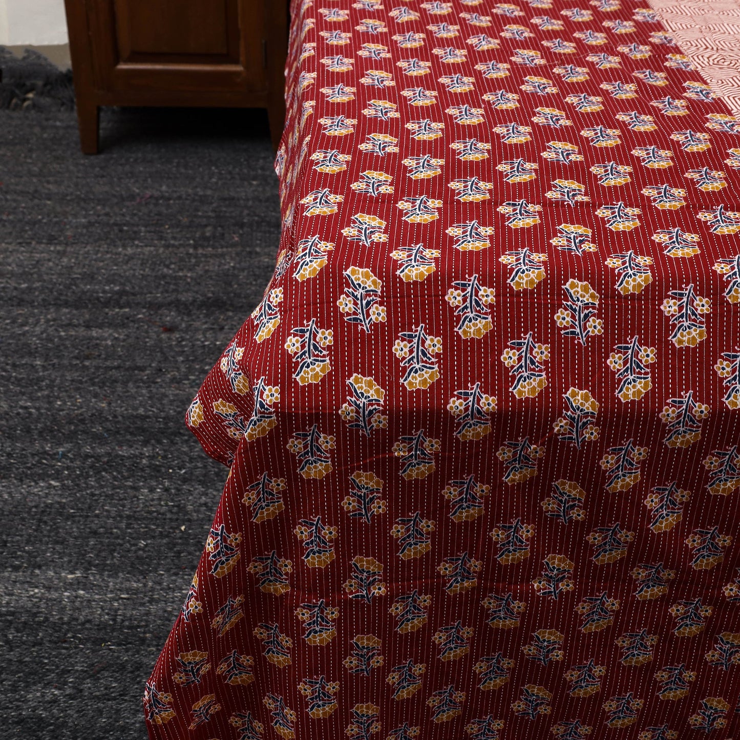 Red Jaipur Print Kantha Stitch Patchwork Cotton Bedsheet Set