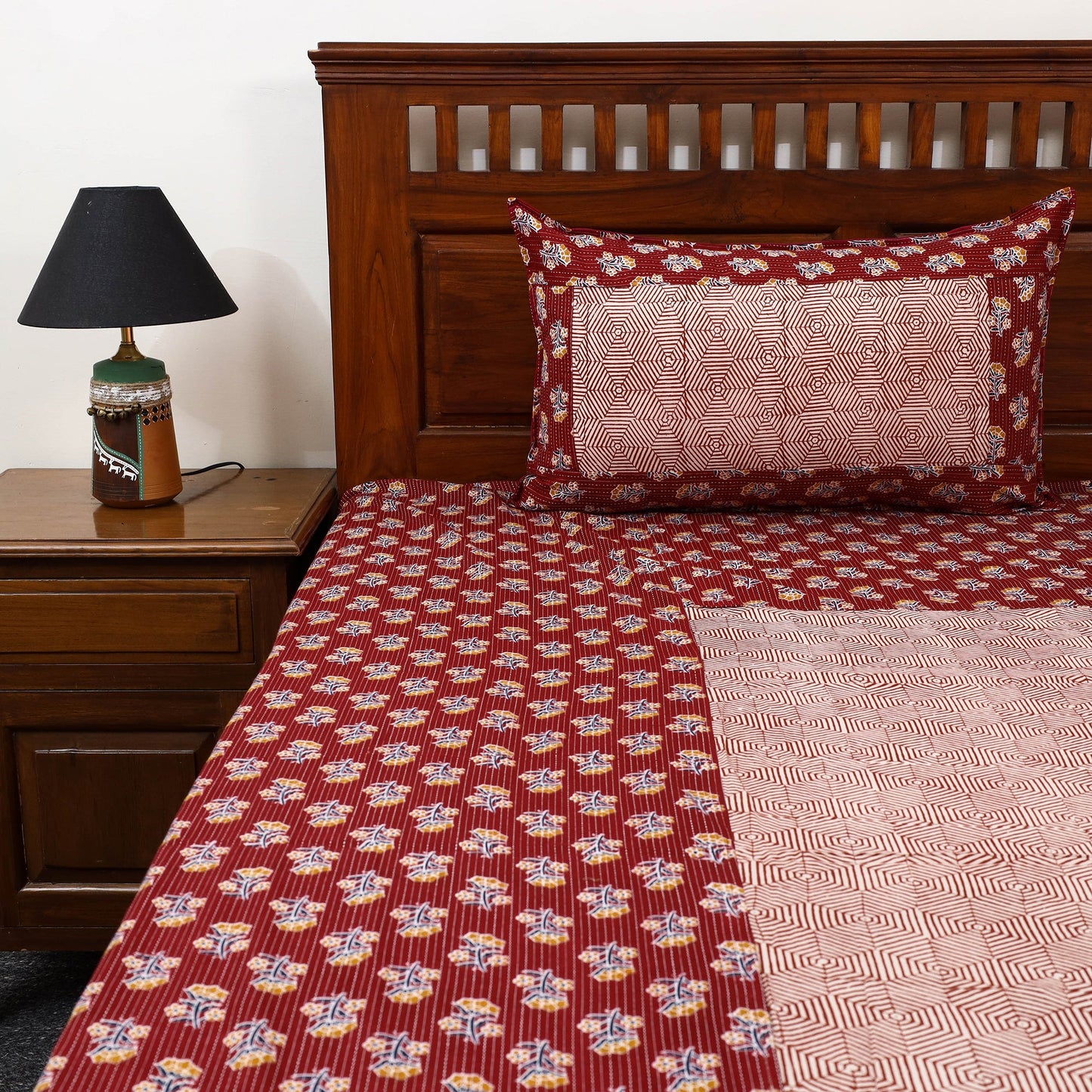 Red Jaipur Print Kantha Stitch Patchwork Cotton Bedsheet Set