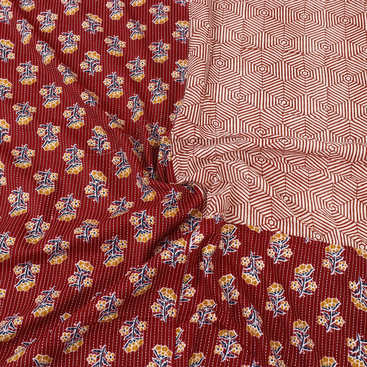 Red Jaipur Print Kantha Stitch Patchwork Cotton Bedsheet Set