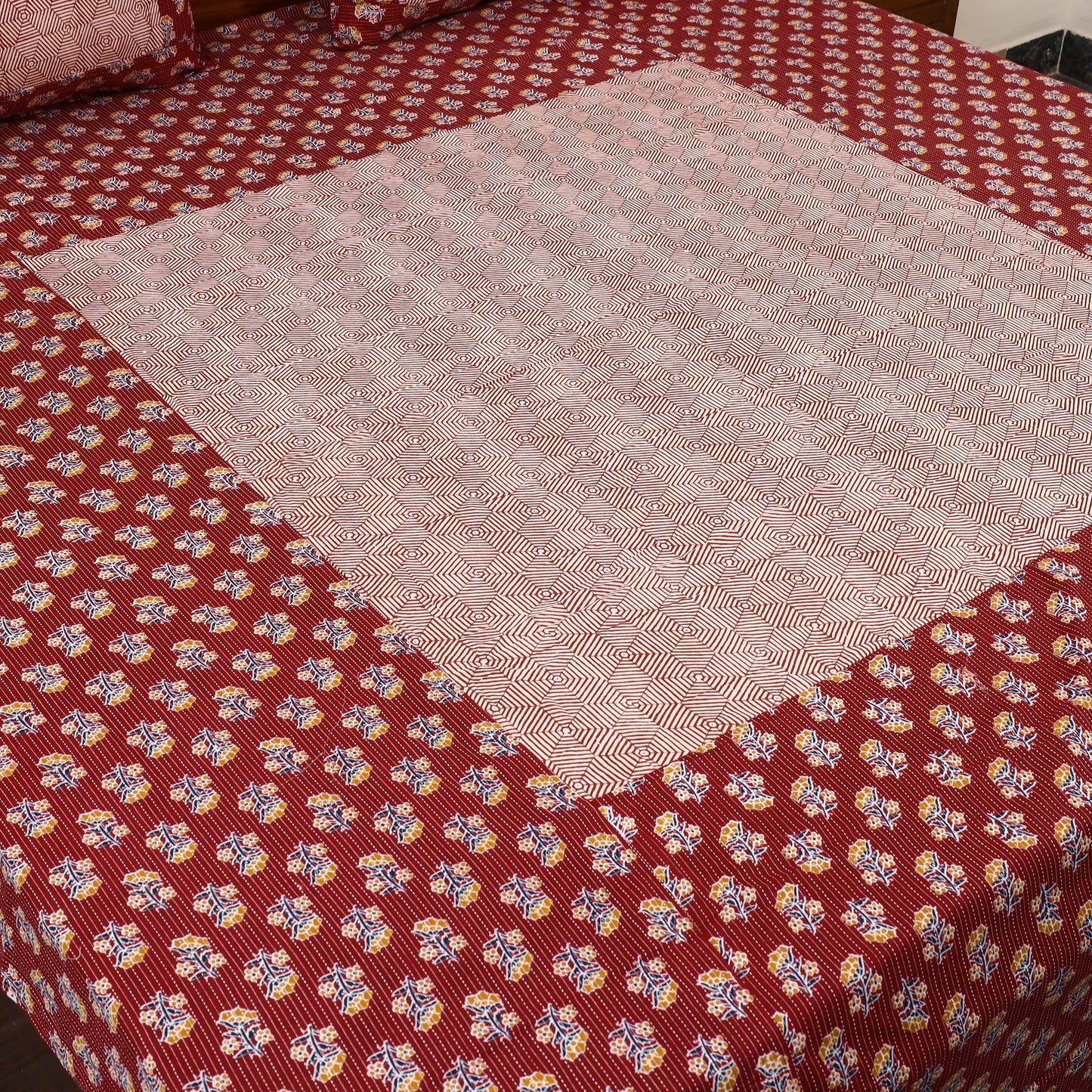 Red Jaipur Print Kantha Stitch Patchwork Cotton Bedsheet Set