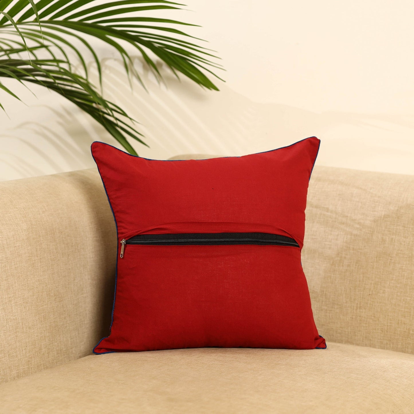 Red Kalamkari Block Print Cotton Cushion Cover