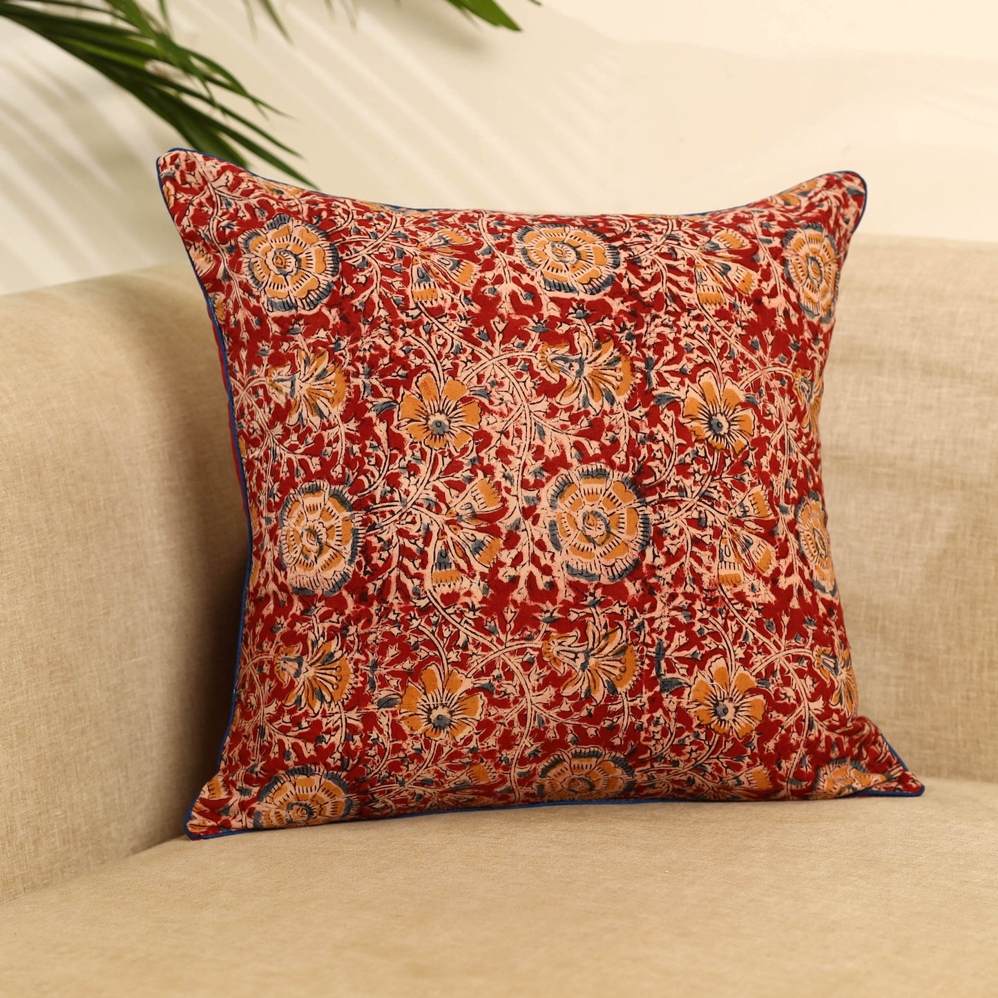 Red Kalamkari Block Print Cotton Cushion Cover