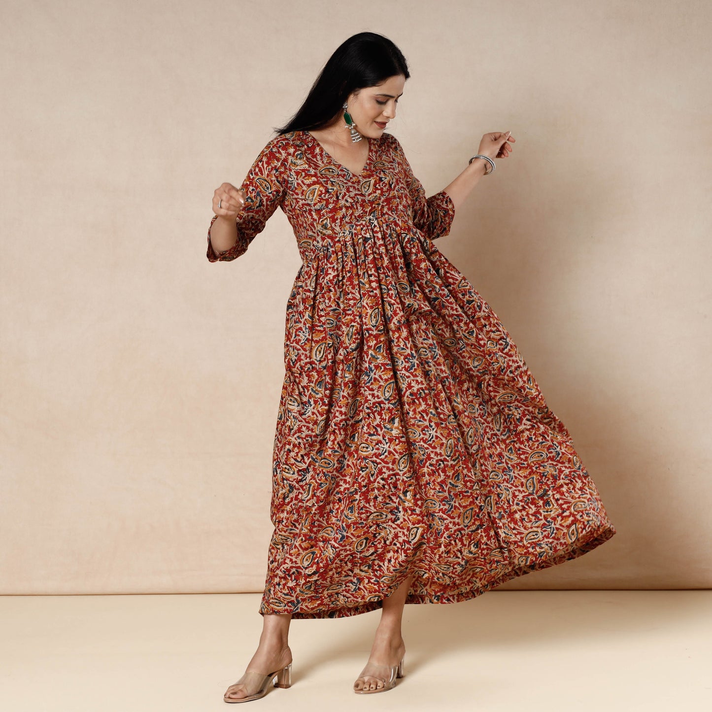 Red - kalamkari block printed cotton flared dress