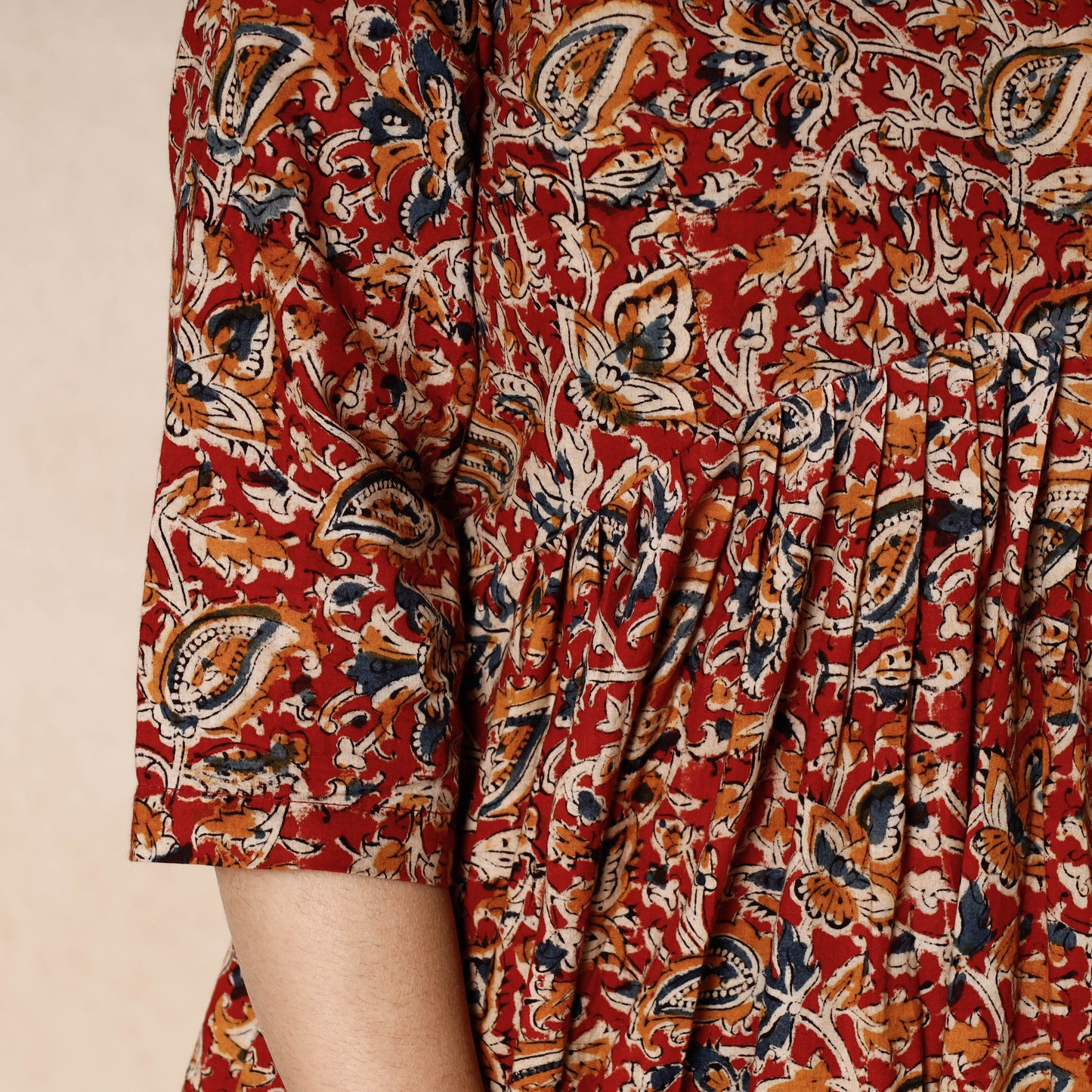 Red - kalamkari block printed cotton flared dress