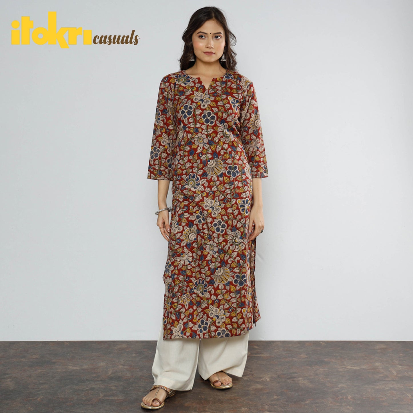 Red Kalamkari Block Printed Cotton Long Kurta For Women