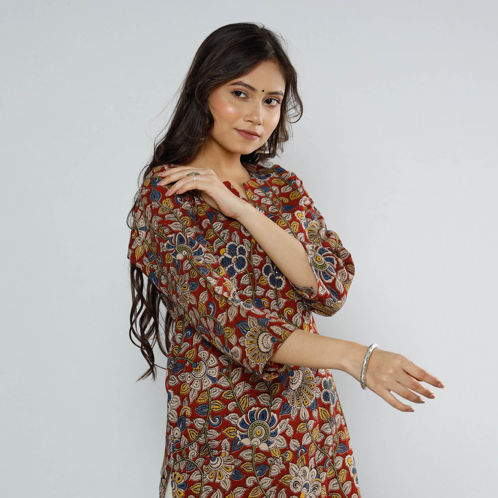 Red Kalamkari Block Printed Cotton Long Kurta For Women