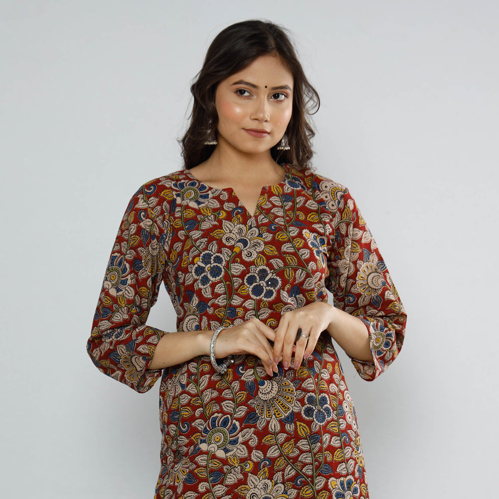 Red Kalamkari Block Printed Cotton Long Kurta For Women
