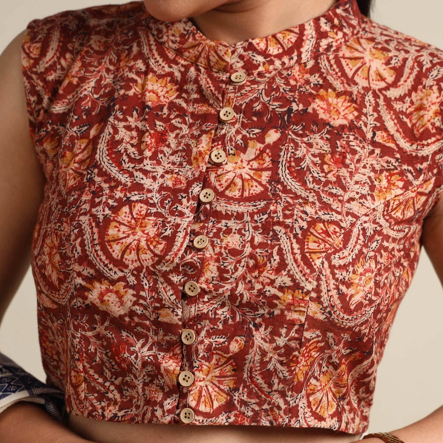 Red - Kalamkari Block Printed Cotton Stitched Blouse