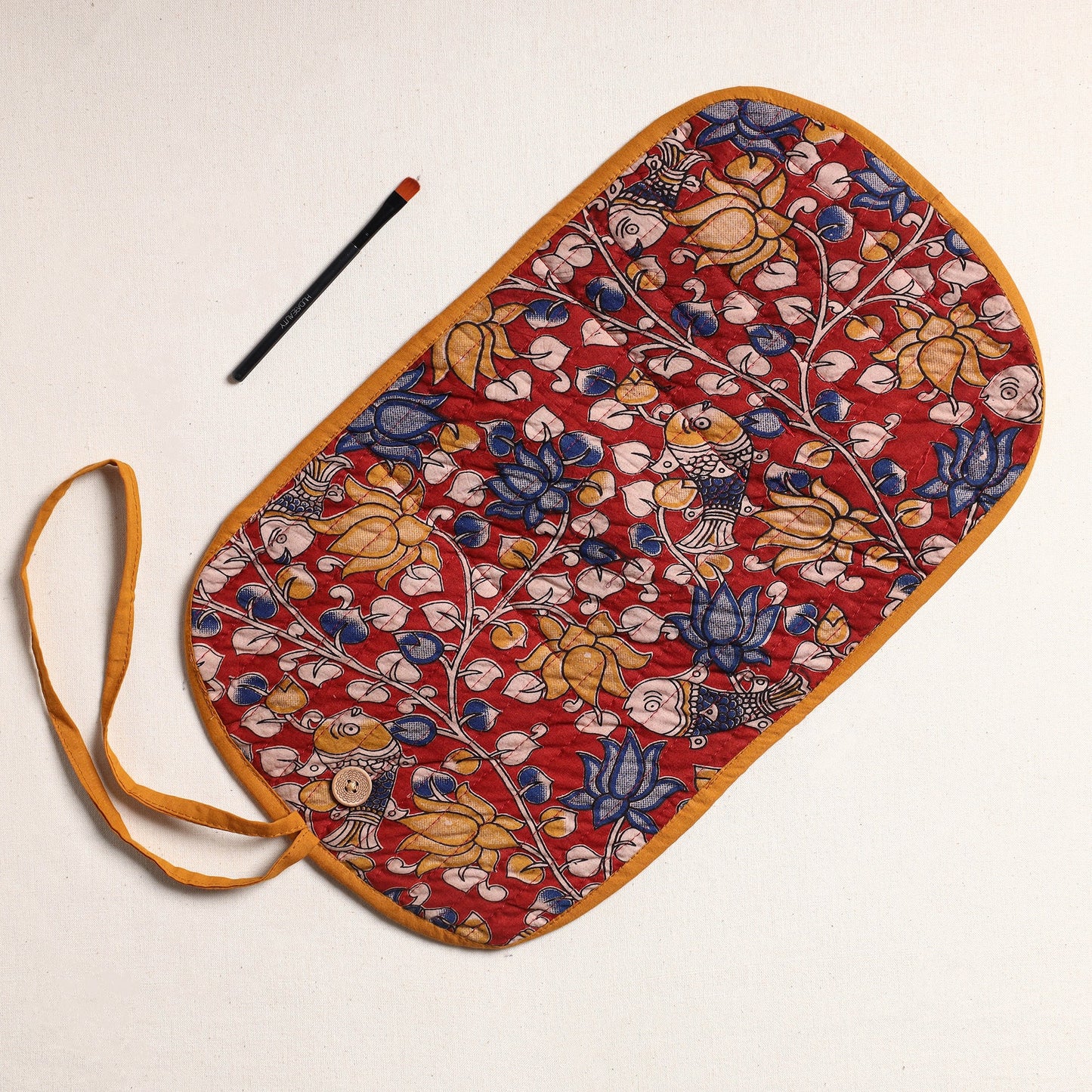 Kalamkari Fabric Multipurpose Segmented Make-up Brush Wrap Pouch/Case