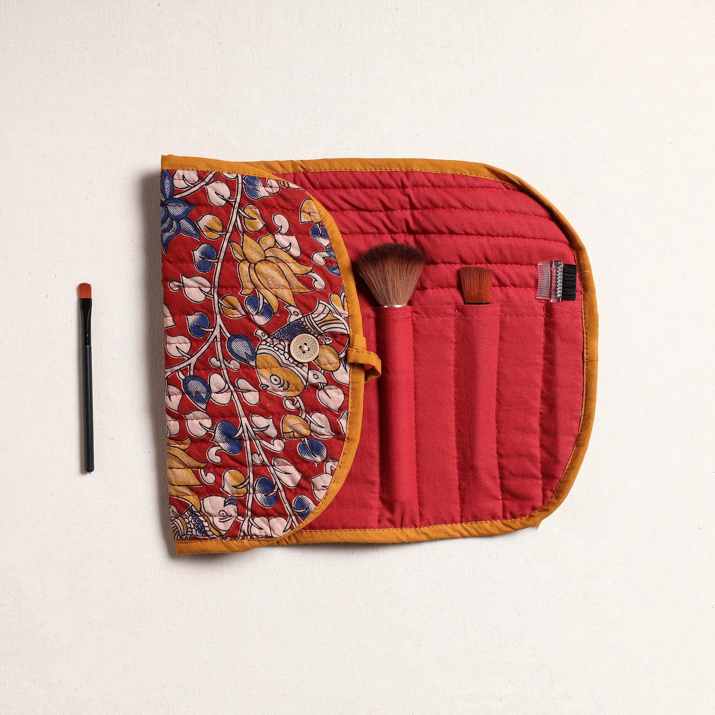 Kalamkari Fabric Multipurpose Segmented Make-up Brush Wrap Pouch/Case