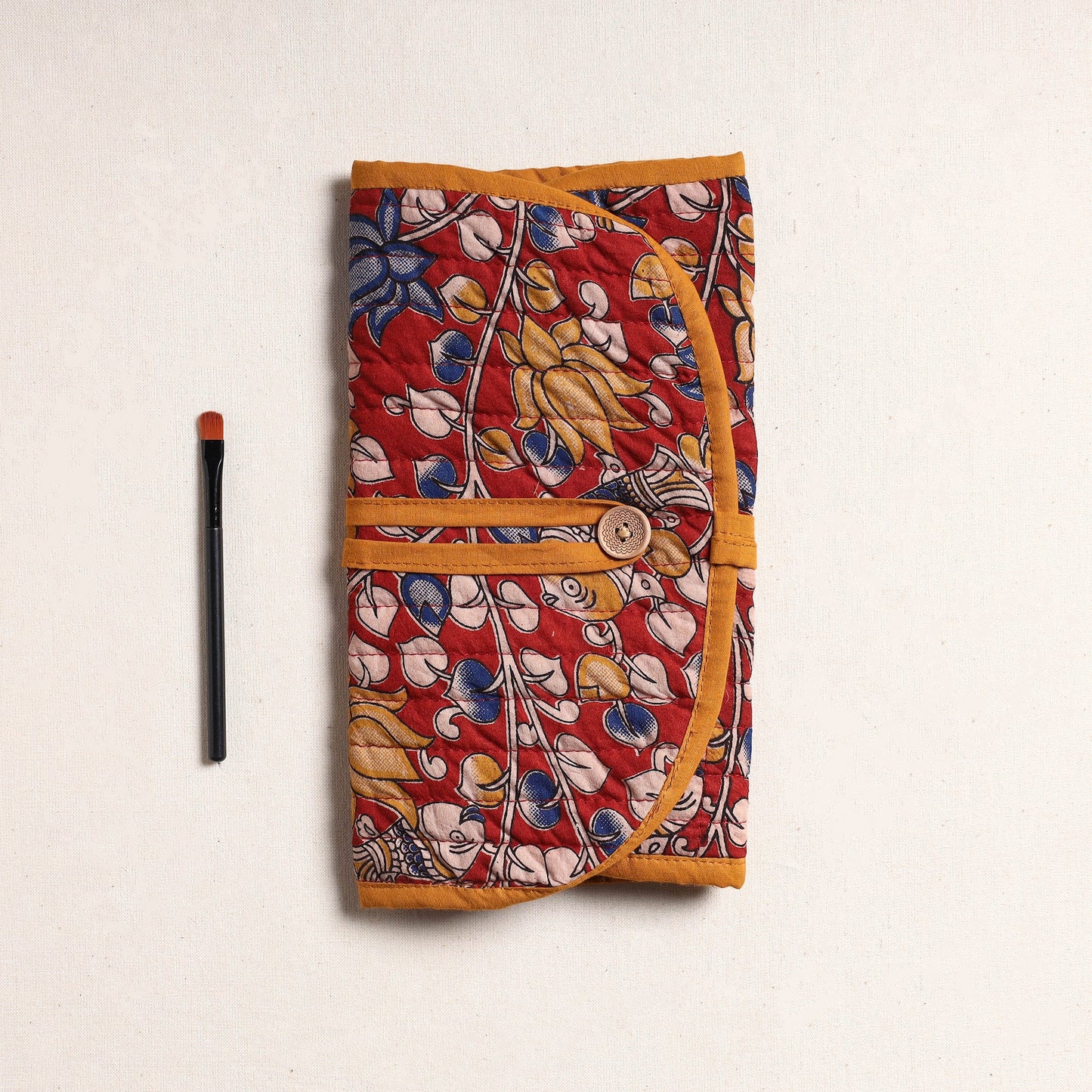 Kalamkari Fabric Multipurpose Segmented Make-up Brush Wrap Pouch/Case