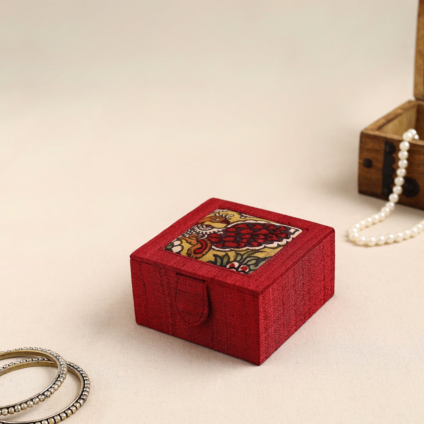 Red Kalamkari Handpainted Ghicha Silk Bangle Box (Small)