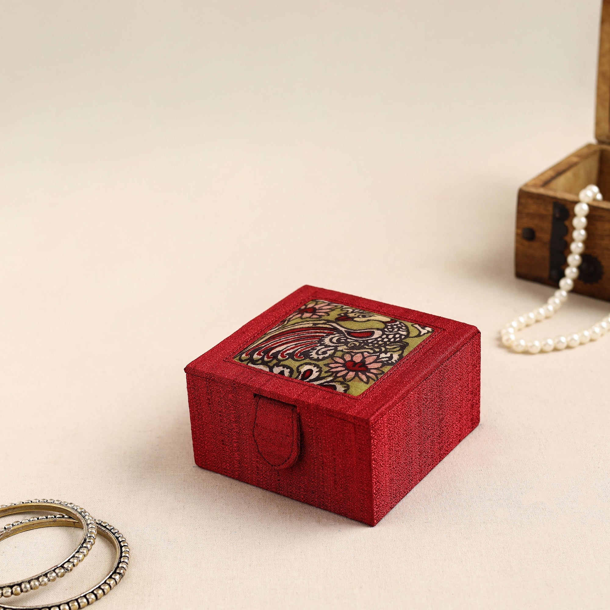 Brown - Handpainted Kalamkari Natural Dyed Ghicha Silk Jewellery Box 08