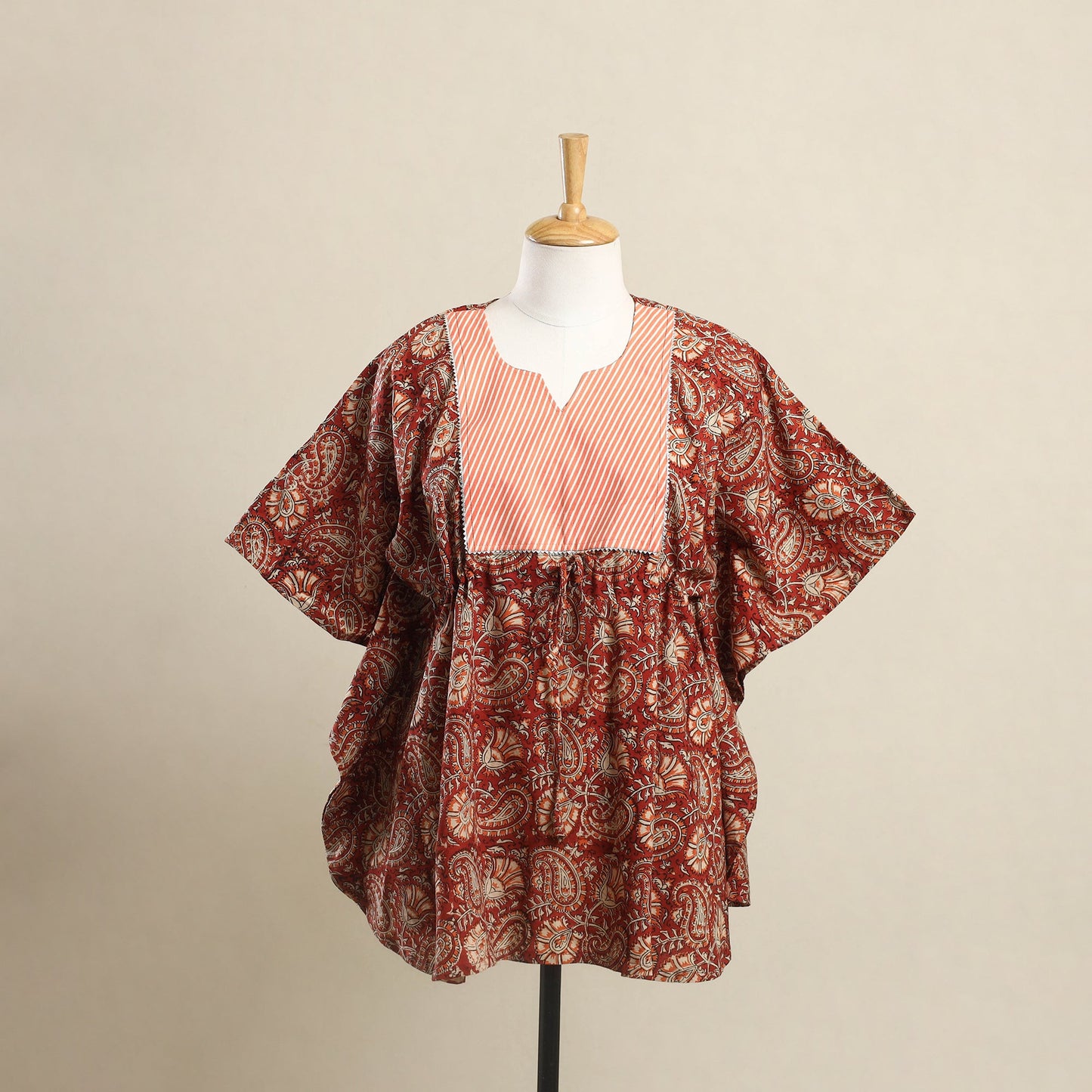 Red Kalamkari Mosaic Fusion Cotton Kaftan