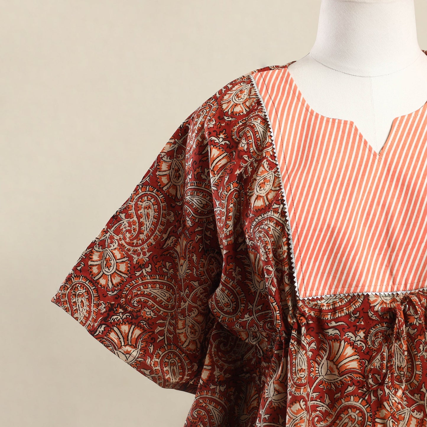 Red Kalamkari Mosaic Fusion Cotton Kaftan