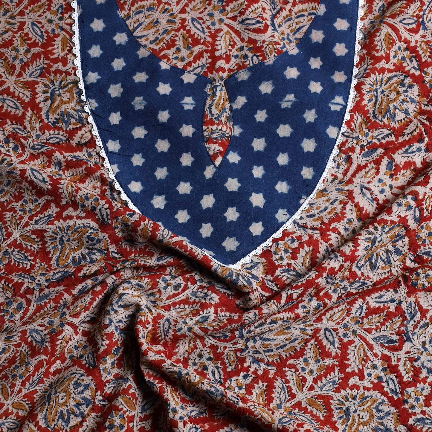 Red Kalamkari Print Patchwork Cotton Kurta Material