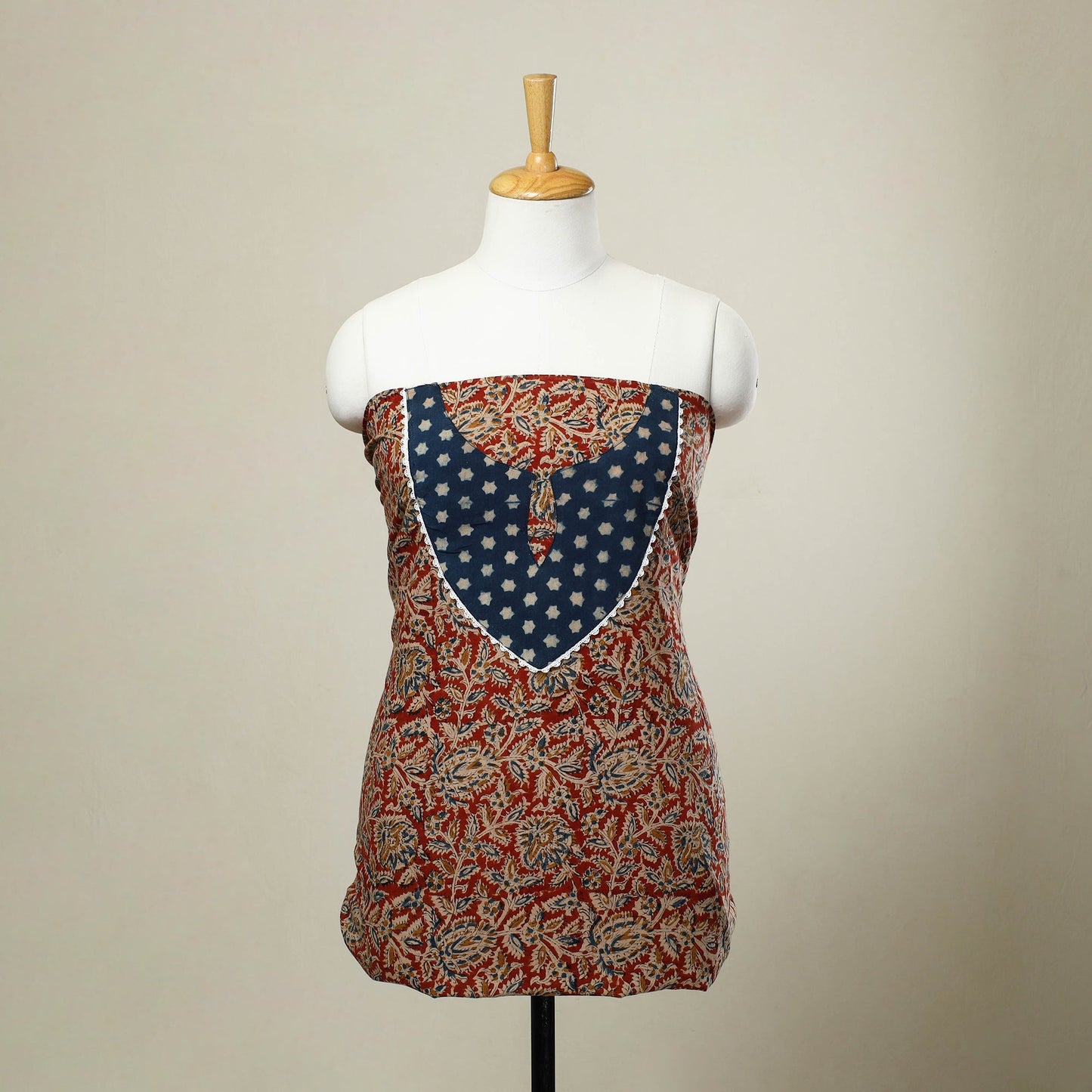 Red Kalamkari Print Patchwork Cotton Kurta Material