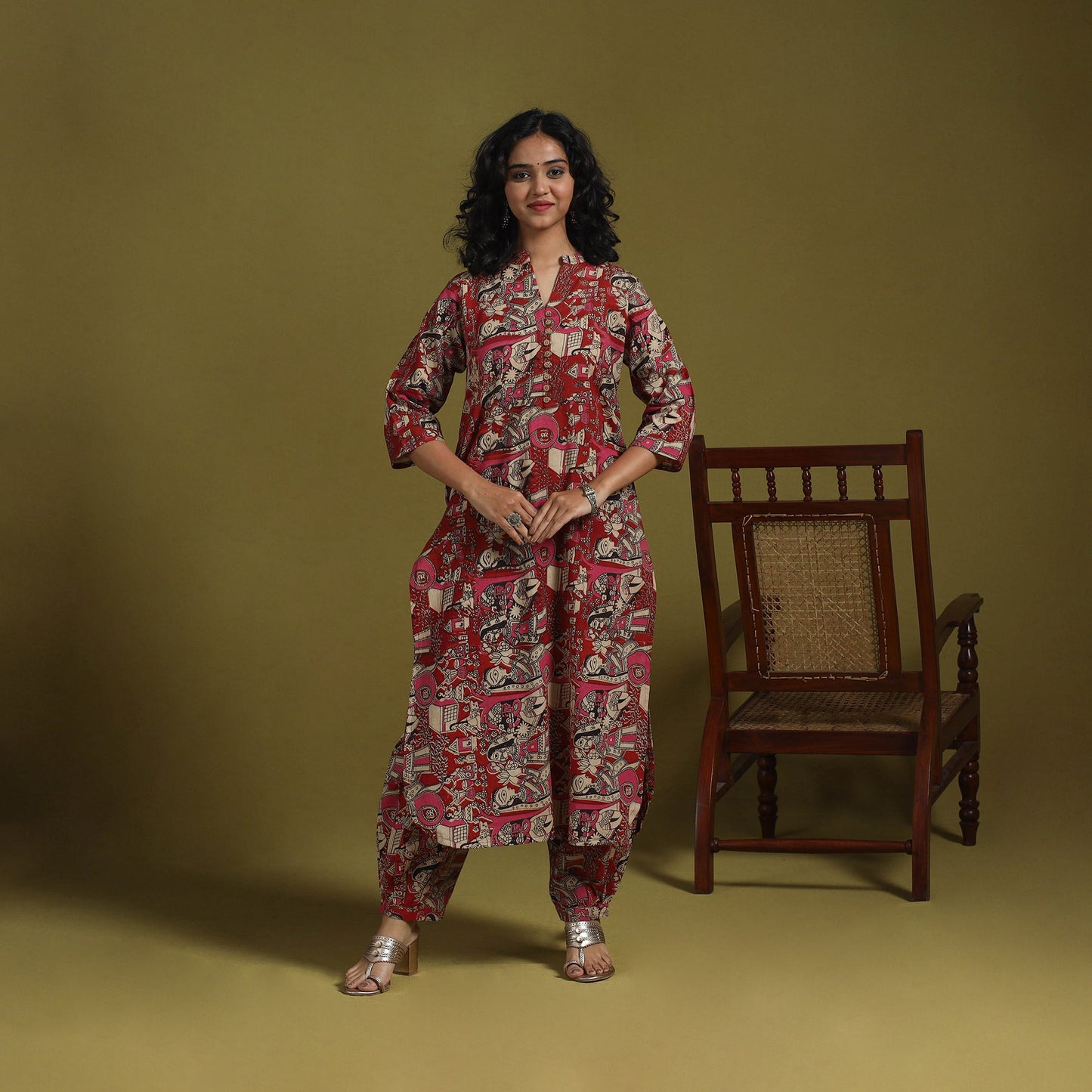 Red - kalamkari printed cotton 2pc kurta set for women 05