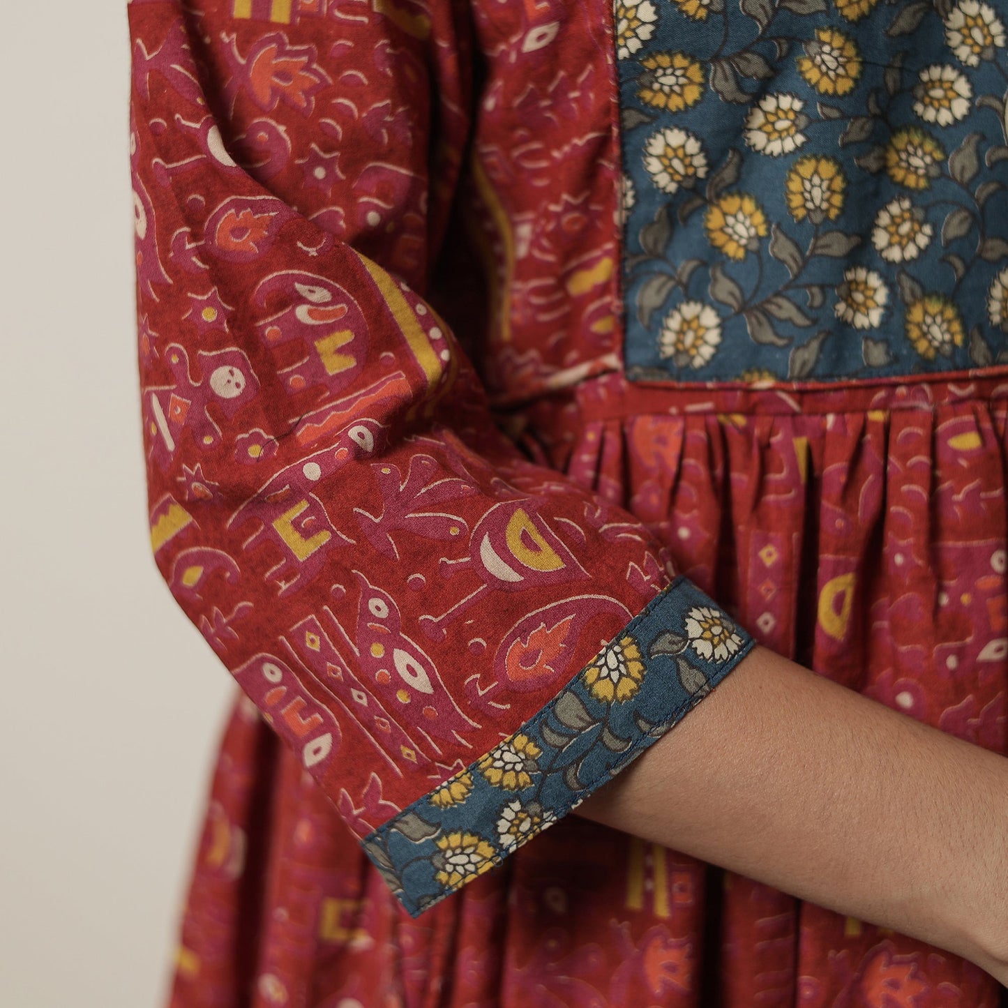 Kalamkari Print Cotton Flared Kurta with Patchwork For Women