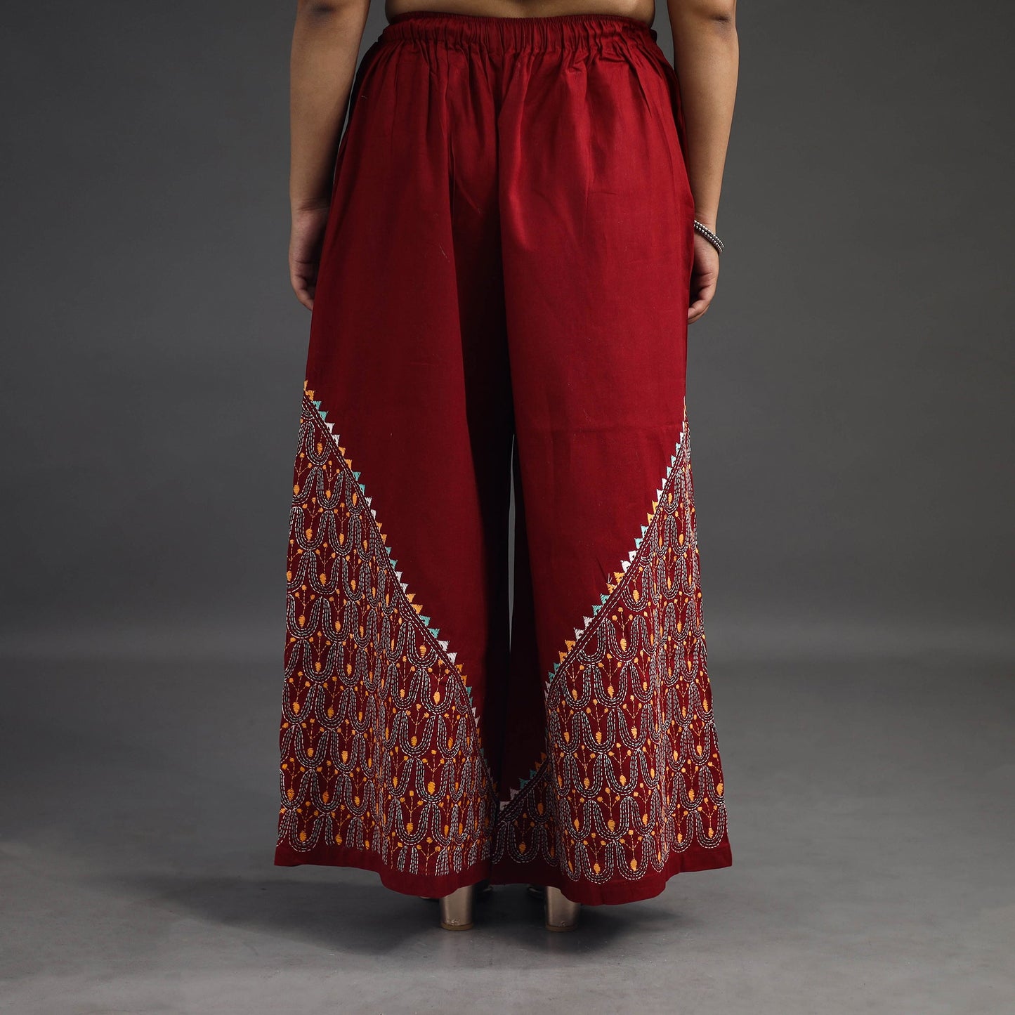Red Kantha Hand Embroidery Palazzo in Cotton