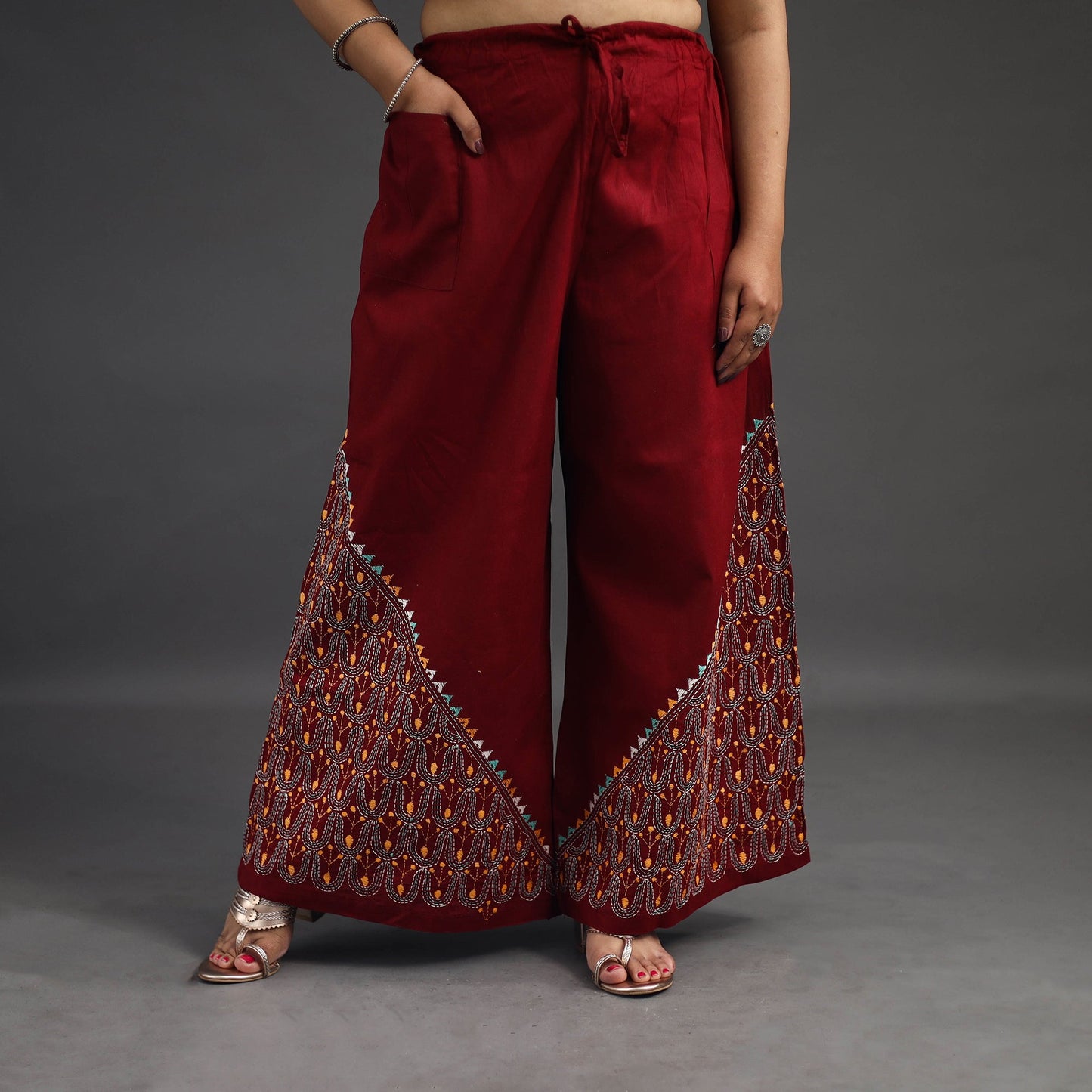 Red Kantha Hand Embroidery Palazzo in Cotton