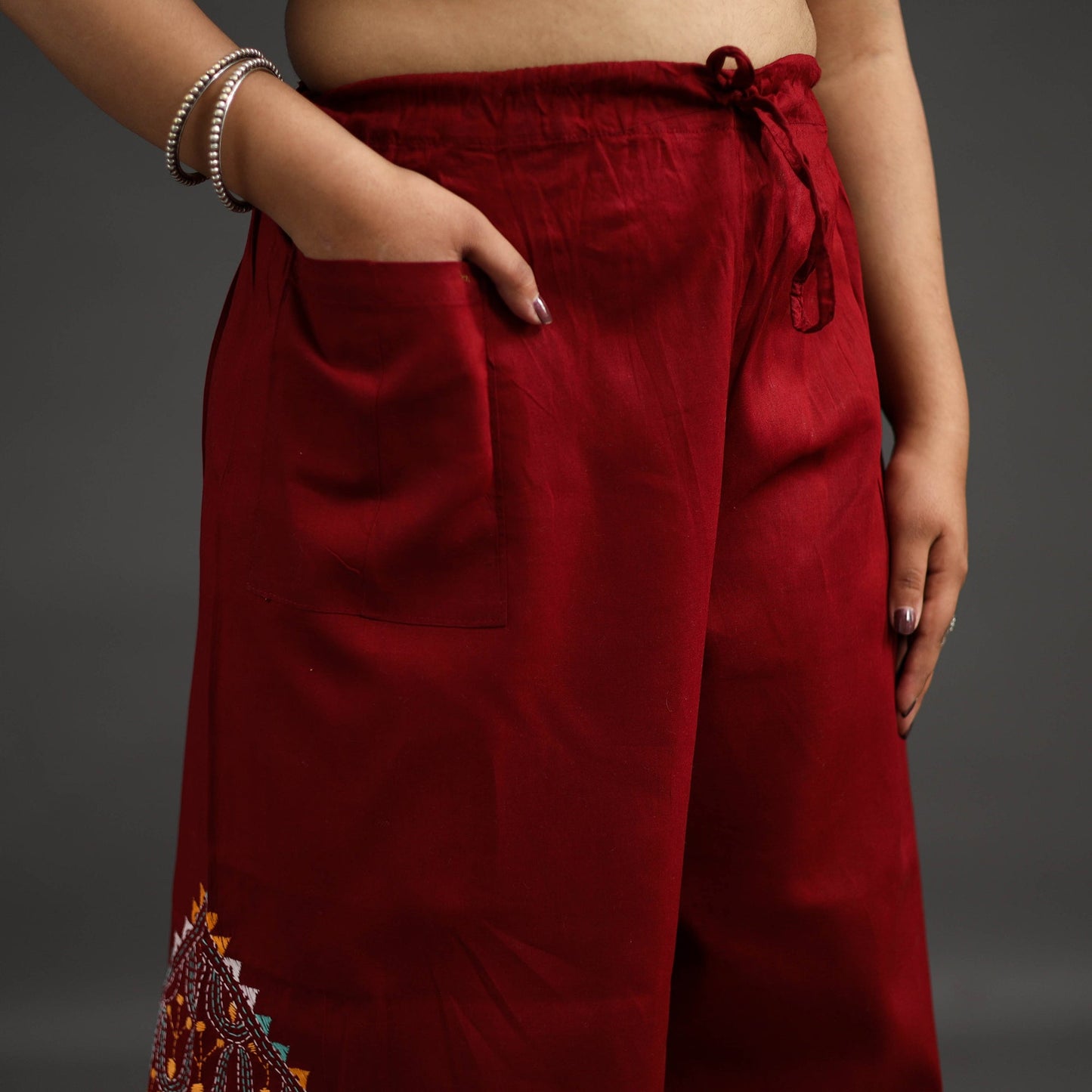 Red Kantha Hand Embroidery Palazzo in Cotton