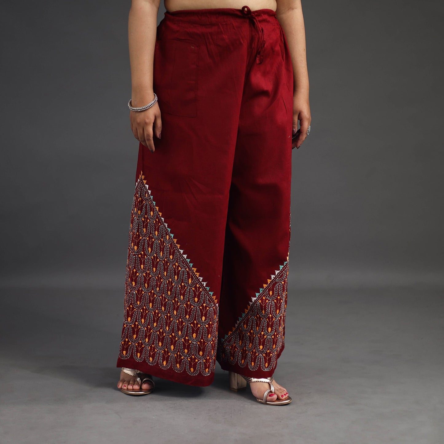 Red Kantha Hand Embroidery Palazzo in Cotton